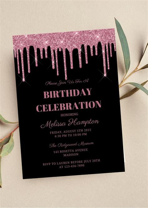 pink and black invitations for birthday|More.